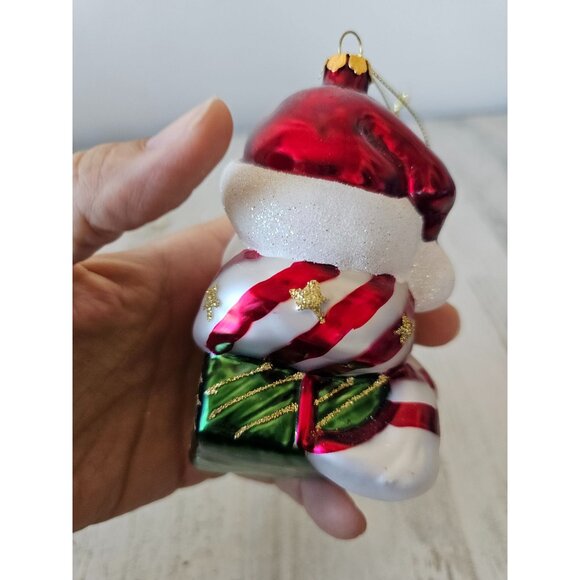 Glass snowman present peppermint red glitter ornament Xmas tree - Picture 6 of 10